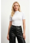 Kadın 3lü Beyaz Yarım Balıkçı Yaka Kısa Kollu Esnek Pamuklu Basic Bluz