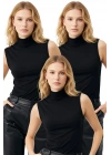 Kadın 3lü Siyah Pamuklu Esnek Yarım Balıkçı Yaka Kolsuz Basic Bluz