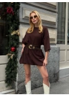 Kadın Acı Kahve Dokuma Kumaş Balon Etekli Bisiklet Yaka Oversize Mini Elbise