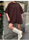 Kadın Acı Kahve Bisiklet Yaka Kısa Kol Düşük Omuz Balon Etekli Oversize Kısa Mini Elbise