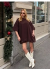 Kadın Acı Kahve Bisiklet Yaka Kısa Kol Düşük Omuz Balon Etekli Oversize Kısa Mini Elbise