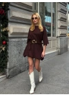 Kadın Acı Kahve Bisiklet Yaka Kısa Kol Düşük Omuz Balon Etekli Oversize Kısa Mini Elbise