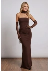 Kadın Kahve Straplez Boyun ve Eldiven Tül Detaylı Büzgülü Scuba Krep Bodycon Maxi Uzun Abiye Elbise