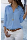 Kadın Açık Mavi Düz Renk Dokuma Uzun Kollu Manşetli Düğmeli Pamuklu Viskon Basic Gömlek