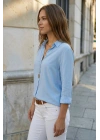 Kadın Açık Mavi Düz Renk Dokuma Uzun Kollu Manşetli Düğmeli Pamuklu Viskon Basic Gömlek