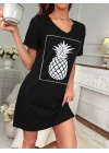 Kadın Ananas Baskılı Kısa Kol Viskon Elbise