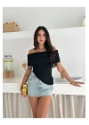 bysoca Kadın Siyah Carmen Yaka Düşük Omuz Asimetrik Kesim Ottoman Kumaş Crop Bluz