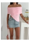 bysoca Kadın Pembe Carmen Yaka Düşük Omuz Asimetrik Kesim Ottoman Kumaş Crop Bluz