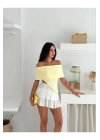 bysoca Kadın Sarı Carmen Yaka Düşük Omuz Asimetrik Kesim Ottoman Kumaş Crop Bluz