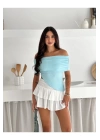 bysoca Kadın Bebe Mavisi Carmen Yaka Düşük Omuz Asimetrik Kesim Ottoman Kumaş Crop Bluz
