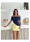 bysoca Kadın Lacivert Carmen Yaka Düşük Omuz Asimetrik Kesim Ottoman Kumaş Crop Bluz