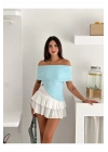 bysoca Kadın Bebe Mavisi Carmen Yaka Düşük Omuz Asimetrik Kesim Ottoman Kumaş Crop Bluz