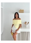 bysoca Kadın Sarı Carmen Yaka Düşük Omuz Asimetrik Kesim Ottoman Kumaş Crop Bluz