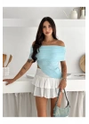bysoca Kadın Bebe Mavisi Carmen Yaka Düşük Omuz Asimetrik Kesim Ottoman Kumaş Crop Bluz