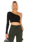 bysoca Kadın Siyah Asimetrik Kesim Tek Omuz Uzun Kollu Vücudu Saran Jarse Crop Top