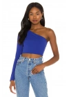 bysoca Kadın Saks Mavisi Asimetrik Kesim Tek Omuz Uzun Kollu Vücudu Saran Jarse Crop Top