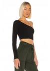 bysoca Kadın Siyah Asimetrik Kesim Tek Omuz Uzun Kollu Vücudu Saran Jarse Crop Top