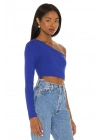 bysoca Kadın Saks Mavisi Asimetrik Kesim Tek Omuz Uzun Kollu Vücudu Saran Jarse Crop Top