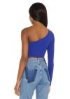 bysoca Kadın Saks Mavisi Asimetrik Kesim Tek Omuz Uzun Kollu Vücudu Saran Jarse Crop Top