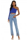 bysoca Kadın Saks Mavisi Asimetrik Kesim Tek Omuz Uzun Kollu Vücudu Saran Jarse Crop Top