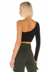 bysoca Kadın Siyah Asimetrik Kesim Tek Omuz Uzun Kollu Vücudu Saran Jarse Crop Top