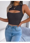 Kadın Askılı Bisiklet Yaka Güpüs Dekolteli Triko Crop Bluz