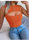 Kadın Askılı Bisiklet Yaka Güpüs Dekolteli Triko Crop Bluz