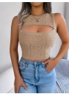 Kadın Askılı Bisiklet Yaka Güpüs Dekolteli Triko Crop Bluz