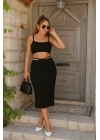 Kadın Askılı Crop Bel Detaylı Derin Yırtmaçlı Etek Triko Ikili Takım