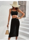 Kadın Askılı Crop Bel Detaylı Derin Yırtmaçlı Etek Triko Ikili Takım