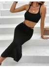 Kadın Askılı Crop Bel Detaylı Derin Yırtmaçlı Etek Triko Ikili Takım