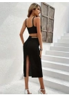 Kadın Askılı Crop Bel Detaylı Derin Yırtmaçlı Etek Triko Ikili Takım
