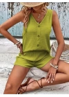 Kadın Askılı Kolsuz V Yakalı önden Düğmeli Bürümcük Bluz Ve Short Ikili Takım