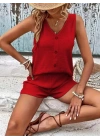 Kadın Askılı Kolsuz V Yakalı önden Düğmeli Bürümcük Bluz Ve Short Ikili Takım