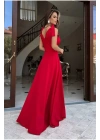 Kadın Askılı Omuzdan Bağlamalı Kruvaze Yakalı Uzun Yırtmaçlı Janjan Krep Elbise