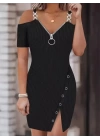 bysoca Kadın Fermuar ve Zincir Askı Detaylı Düşük Omuzlu Yırtmaçlı Fitilli Bodycon Elbise - Siyah