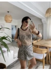 Kadın Askılı Yuvarlak Yaka Geometrik Desenli Triko Bluz