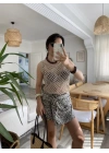 Kadın Askılı Yuvarlak Yaka Geometrik Desenli Triko Bluz