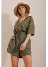 Kadın Haki Düğmeli Gömlek ve Beli Bağcıklı Cepli Ayrobin Kumaş Şort 2li Takım