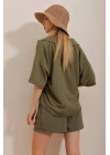 Kadın Haki Düğmeli Gömlek ve Beli Bağcıklı Cepli Ayrobin Kumaş Şort 2li Takım