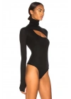 bysoca Kadın Siyah Balıkçı Yaka Göğüs Dekolteli Uzun Kollu Parmak Geçmeli İpek Jarse Bodysuit