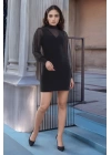 bysoca Kadın Balıkçı Yaka Tül Balon Kollu Vücudu Saran Bodycon Mini Davet Elbisesi - Siyah