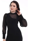 bysoca Kadın Balıkçı Yaka Tül Balon Kollu Vücudu Saran Bodycon Mini Davet Elbisesi - Siyah