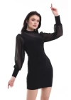 bysoca Kadın Balıkçı Yaka Tül Balon Kollu Vücudu Saran Bodycon Mini Davet Elbisesi - Siyah