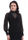 bysoca Kadın Balıkçı Yaka Tül Balon Kollu Vücudu Saran Bodycon Mini Davet Elbisesi - Siyah