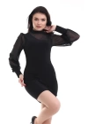 bysoca Kadın Balıkçı Yaka Tül Balon Kollu Vücudu Saran Bodycon Mini Davet Elbisesi - Siyah