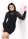 bysoca Kadın Balıkçı Yaka Tül Balon Kollu Vücudu Saran Bodycon Mini Davet Elbisesi - Siyah