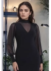bysoca Kadın Balıkçı Yaka Tül Balon Kollu Vücudu Saran Bodycon Mini Davet Elbisesi - Siyah