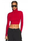 Kadın Kırmızı Balıkçı Yaka Uzun Kol Çift Kat İpek Jarse Basic Crop Top