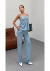 Kadın Bebe Mavisi Dokulu Askılı Üst Ve Bol Paça Pantolon 2’li Takım